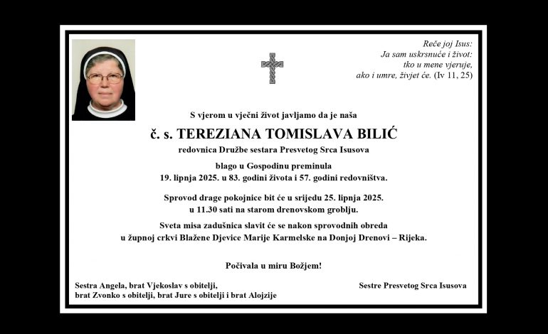  Preminula časna sestra Tereziana Tomislava Bilić