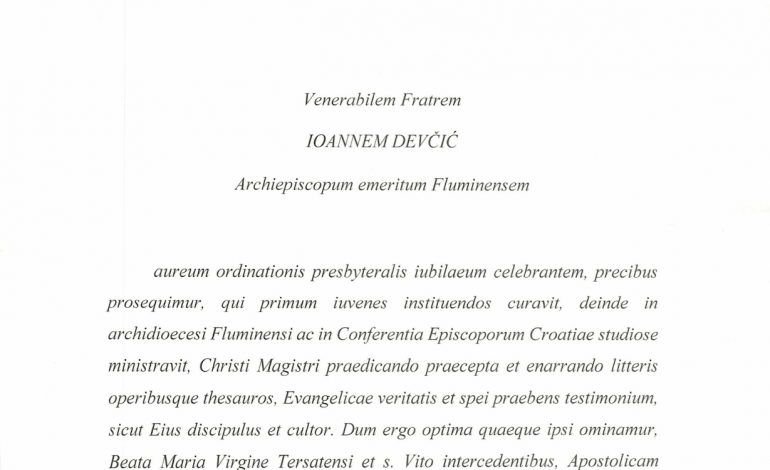 Čestitka pape Lava XIV. prigodom 50 godina svećeništva nadbiskupa u miru, Ivana Devčića