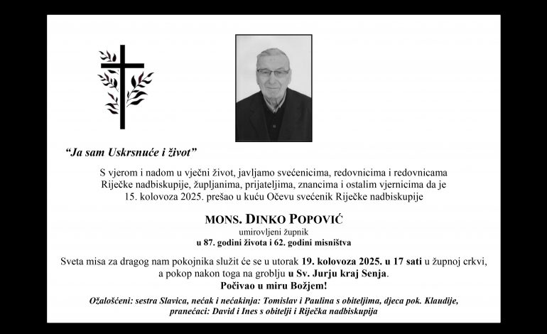 Preminuo svećenik Riječke nadbiskupije mons. Dinko Popović
