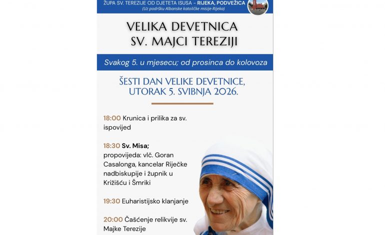 Svakog 5. u mjesecu – Devetnica sv. Majci Tereziji u župi sv. Terezije od Djeteta Isusa