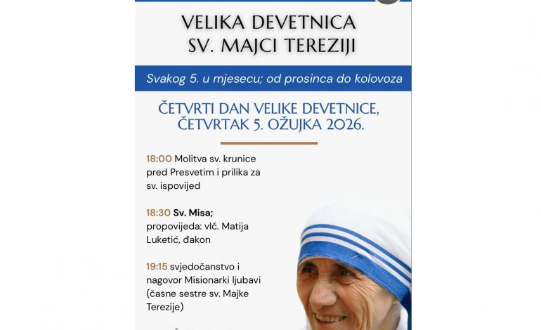 Svakog 5. u mjesecu – Devetnica sv. Majci Tereziji u župi sv. Terezije od Djeteta Isusa