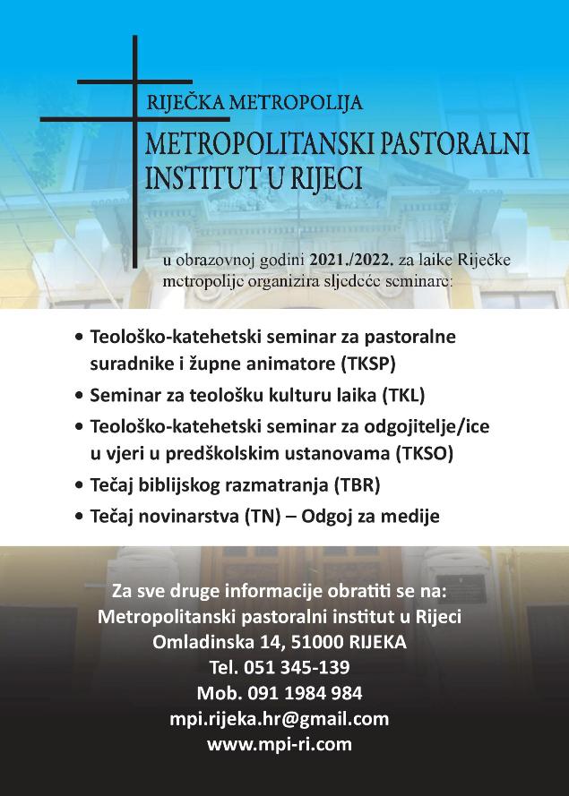  U rujnu počinju upisi na Metropolitanski pastoralni institut u Rijeci